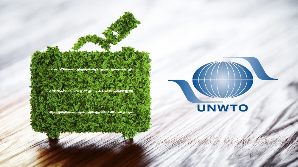 maleta de hojas verdes y el logo de la OMT