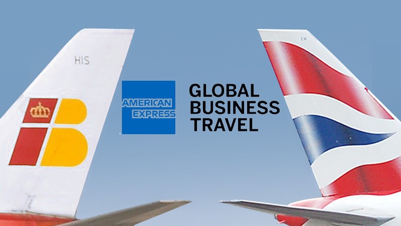 colas de aviones de British Airways e Iberia y logo de American Express GBT
