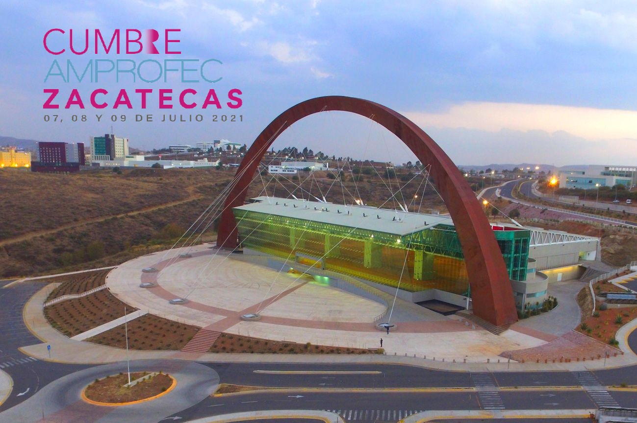 Palacio de Convenciones de Zacatecas y el logo de la cumbre AMPROFEC Zacatecas