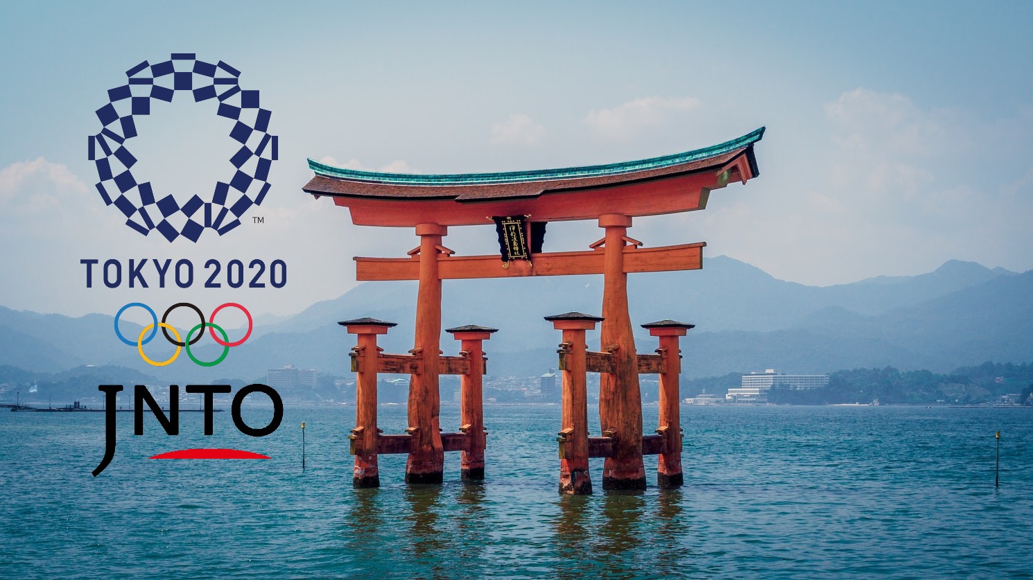 pagoda en el agua, logos de JNTO y Tokio 2020, Japón